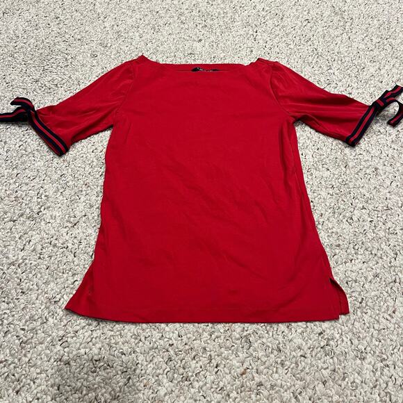 Lauren Ralph Lauren Bow Detail Short Sleeve Tee Sz M Red Christmas Preppy - Picture 1 of 6